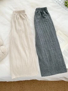 Genkimix Kids 两件套少女时尚简约3D提花针织宽松直筒裤，灰色和米色组合，适合秋季日常穿着。 - 灰色 - 查看 6