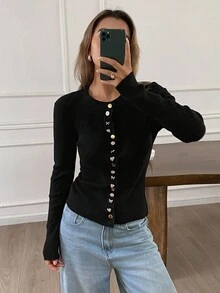 Livesso Cardigan francez cu un singur nasture pentru femei, toamnă - Negru - Vizualizare 4