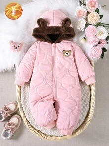 SHEIN Baby Girl Hooded Jumpsuit, Thick Jumpsuit With Bear Ear Hood Design And Bear Graphic, Zipper Closure, Suitable For 0-3 Years Old, Diamond Quilted, Soft Touch, Suitable For Outdoor Activities, Family Gatherings, Autumn/Winter Fall - Pink - View 3