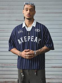 AXEPEAK 休闲运动棒球 Polo 衫，字母印花，拼色，短袖，短款，男款 - 藏蓝色 - 查看 3