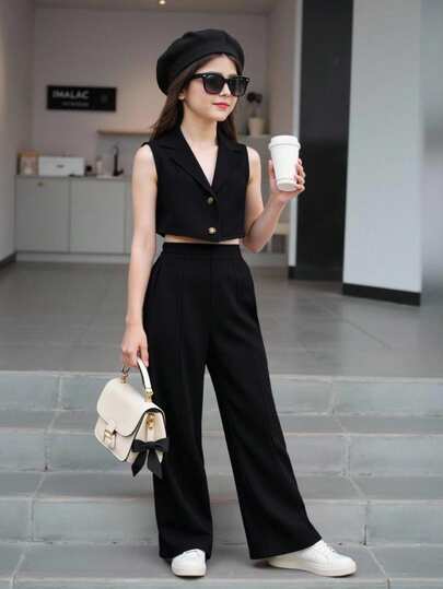 SHEIN Chica preadolescente Cazadora chaleco unicolor crop & Pantalones de pierna ancha
