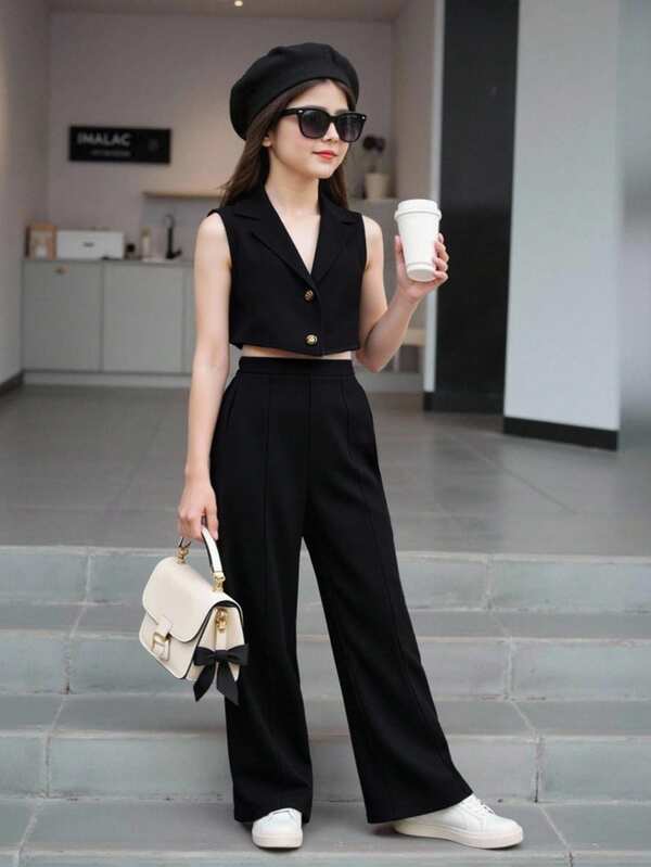 SHEIN Chica preadolescente Cazadora chaleco unicolor crop & Pantalones de pierna ancha