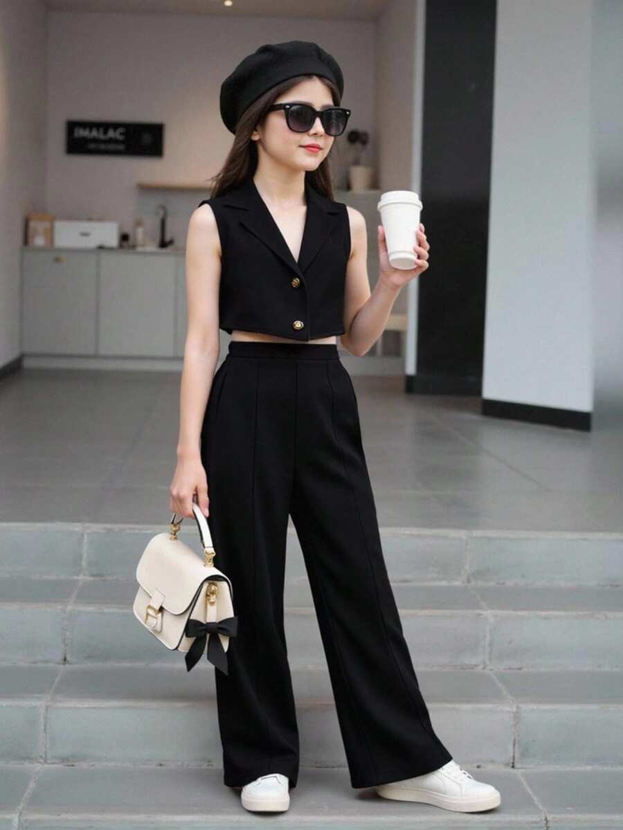 Tween Girl Solid Crop Vest Jacket & Wide Leg Pants - Black - View 1
