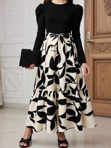 SHEIN Váy Maxi Tay Phồng Họa Tiết Hoa Khâu Màu Trơn Màu Đen Cho Bé Gái Tuổi Teen, Váy Dài Cổ Điển Thanh Lịch Với Tay Áo Dài Và Chi Tiết Buộc Sau Lưng, Váy Cho Bé Gái - màu đen - Xem 1