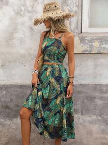 Brillora Tropical Print Cami Top & Split Thigh Skirt Summer Two Piece Outfits - Multicolor - View 6