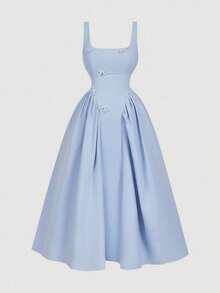 SHEIN MOD 全新大码女式复古水晶链蓝色露背中长连衣裙，优雅适合派对、宴会、音乐节、女生聚会、节日 - 藍色 - 查看 1