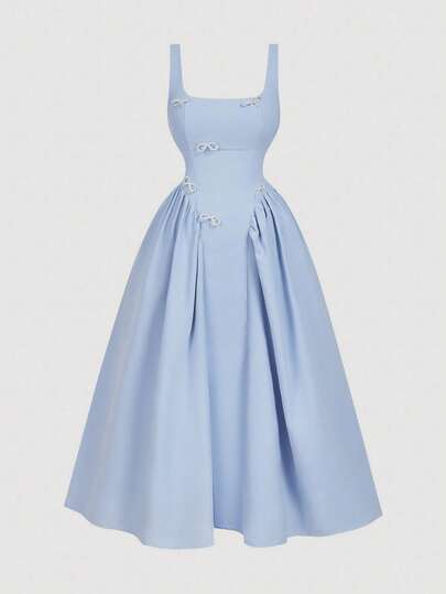 SHEIN MOD 全新大码女式复古水晶链蓝色露背中长连衣裙，优雅适合派对、宴会、音乐节、女生聚会、节日