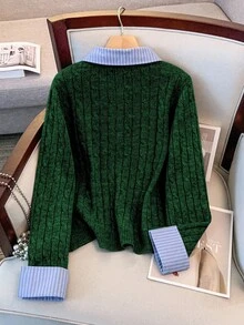 GlowEve CURVE Conjunto de dos piezas de suéter de talla grande con cuello de camisa, puños vueltos y botones, suéter de patchwork - Verde Oliva - Ver 2