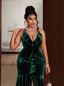 Maweii 大码女式优雅纯色天鹅绒高弹力V领交叉后系带修身多层荷叶边前开衩派对鸡尾酒浪漫约会长裙 - 綠色 - 查看 4