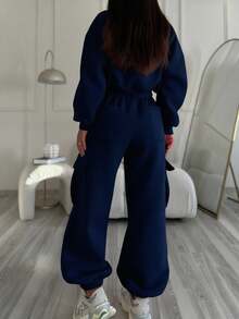 INAWLY Bộ 2 món áo nỉ ngắn tay dài cổ tròn màu xanh navy trơn kèm quần dài bo gấu có túi lưng thun cho nữ - Màu xanh hải quân - Xem 4