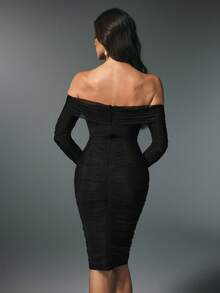 女式修身腰身连衣裙，露肩领口，网眼覆盖，性感绷带设计，中长款，适合派对、休闲装，秋冬 - 黑色 - 查看 4