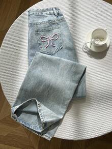 Elamini 女式刺繡蝴蝶插袋水洗寬褲寬鬆牛仔褲 - 淺色水洗藍 - 查看 6