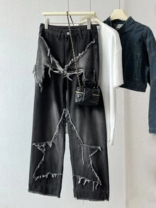 Elamini Women's Patchwork Fringe Wide Leg Loose Casual Denim Pants - Black - View 7