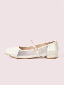 CUCCOO DOLLMOD Women's White Square Toe Comfortable Breathable Mesh & Patent Leather Splice Mary Jane Flat Shoes - Beige - View 7