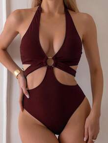 Swim Basics Traje de baño de una pieza para mujer con escote en V profundo, recorte sexy y espalda descubierta, para usar en la playa y de vacaciones de verano