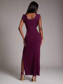 NYA SZN 连衣裙短袖深 V 领开衩流苏细节修身紧身特殊场合约会婚礼宾客生日夜晚外出秋冬适合通勤针织女装 - 粉色 - 查看 2