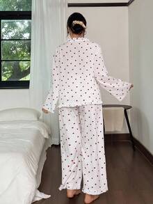 SHEIN Plus Size Romantic Allover Heart Print Ruffle Trim Top & Pants Sleepwear Set, Fall & Winter Clothes White Heart Print Pajama Set Heart Pajama Set