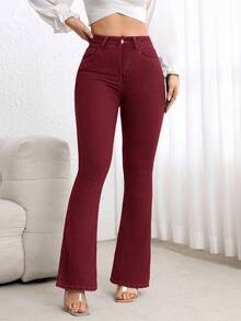 EMERY ROSE Quần jeans ống loe cạp cao giặt thường ngày cỡ lớn - Màu Đỏ Sâu - Xem 5