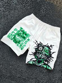 Manfinity EMRG Men's Young Street Style, INS Versatile Item: Green 'Big Eye' Fun Monster Illustration Design With 'Monsters Created By Humans' Slogan. Digital Printed White Drawstring Waist Shorts With Green Pattern Design.