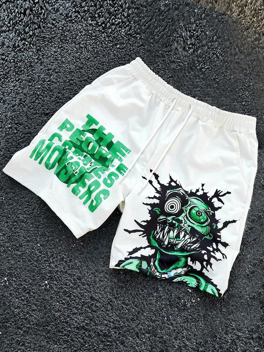 Manfinity EMRG Men's Young Street Style, INS Versatile Item: Green 'Big Eye' Fun Monster Illustration Design With 'Monsters Created By Humans' Slogan. Digital Printed White Drawstring Waist Shorts With Green Pattern Design.