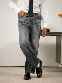 Manfinity Homme 男士休闲灰色水洗斜口袋直筒牛仔裤 - 灰色 - 查看 5