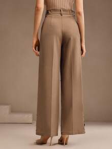 Anewsta High Waist Straight Leg Pants With Gradient Handmade Brown Sequin,Pockets,Summer,Elegant,Office,Work,Formal,Chic,New Year,Christmas,Graduation Pants - Khaki - View 2