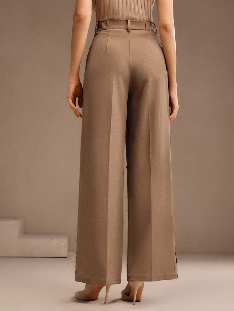 High Waist Straight Leg Pants With Gradient Handmade Beaded Trim And Pockets, Suitable For Autumn, Fall, Winter, Going Out, Elegant, Formal, Chic, New Year, Christmas, Work, Graduation