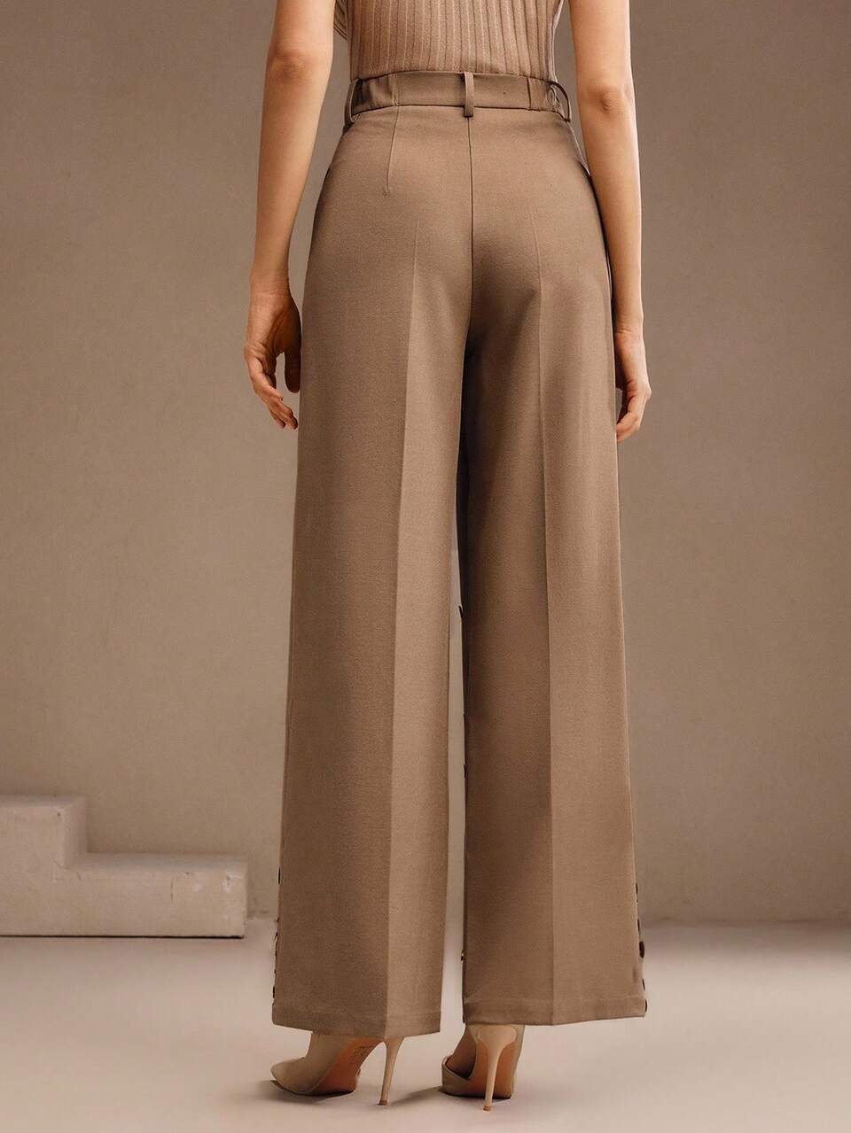 High Waist Straight Leg Pants With Gradient Handmade Brown Sequin,Pockets,Summer,Elegant,Office,Work,Formal,Chic,New Year,Christmas,Graduation Pants