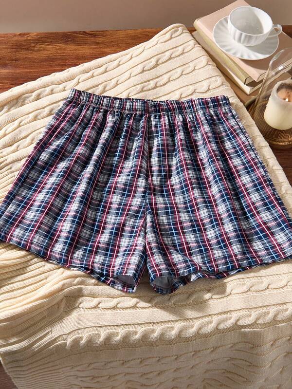 SHEIN EverLounge Short à carreaux décontracté de qualité vintage et rétro, avec boutons en coquillage, confortable pour la maison. Pour hommes.