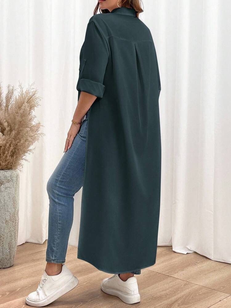 SHEIN Essnce Plus-Size Shirt Dress, Black Dress, High-Slit Long-Sleeved Dress,Long Sleeve Shirt Black Dress Funeral,Long Sleeve Dress - Dark Green - View 2