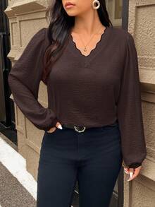 SHEIN Frenchy Áo sơ mi tay dài vải họa tiết kẻ sọc tương phản cỡ lớn, trang trí vỏ sò, thường ngày, rộng rãi, mùa thu - Cà phê nâu - Xem 2