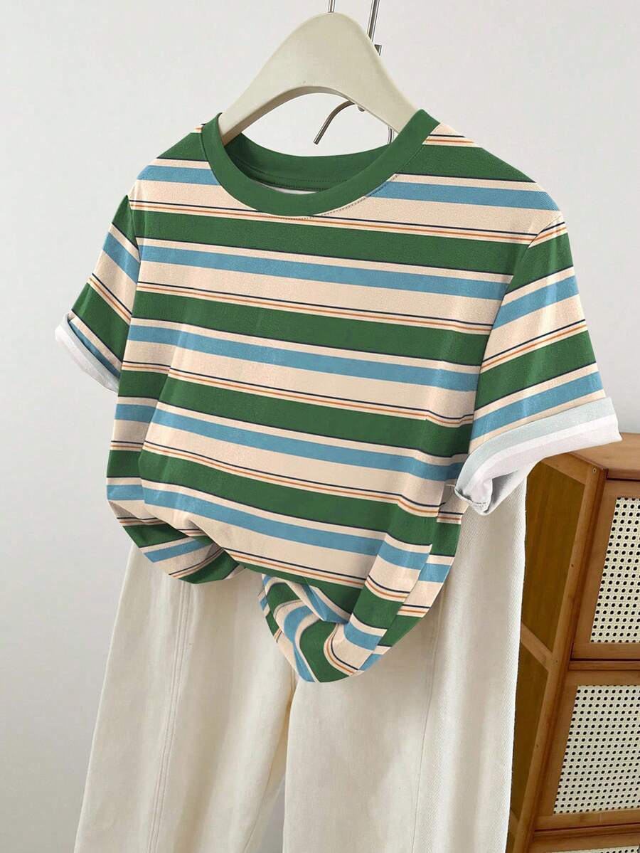 INAWLY 复古绿色宽条纹女式短袖T恤，夏季休闲圆领上衣 - 彩色 - 查看 1