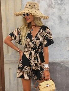 Brillora 女式葉紋圍巾V領連身褲，適用於夏季海灘假期 - 黑與白 - 查看 1