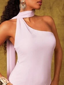 Vixey Chiffon One Shoulder Scarf Detail Sleeveless Wide Leg Jumpsuit