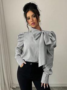 SHEIN PETITE Áo len chui đầu thiết kế tay lỡ thắt nơ sọc, phong cách Pháp thanh lịch tinh tế đa năng cho đi làm, hẹn hò, nhiều dịp, áo cánh dài tay ôm sát - Xám - Xem 3