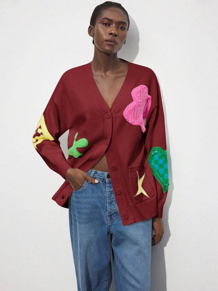 SHEIN Maija Women's Autumn/Winter Floral Print Decorative Loose Knit Cardigan, Versatile For Urban Commute, Business Casual, Office Wear, Elegant For Party And Gathering