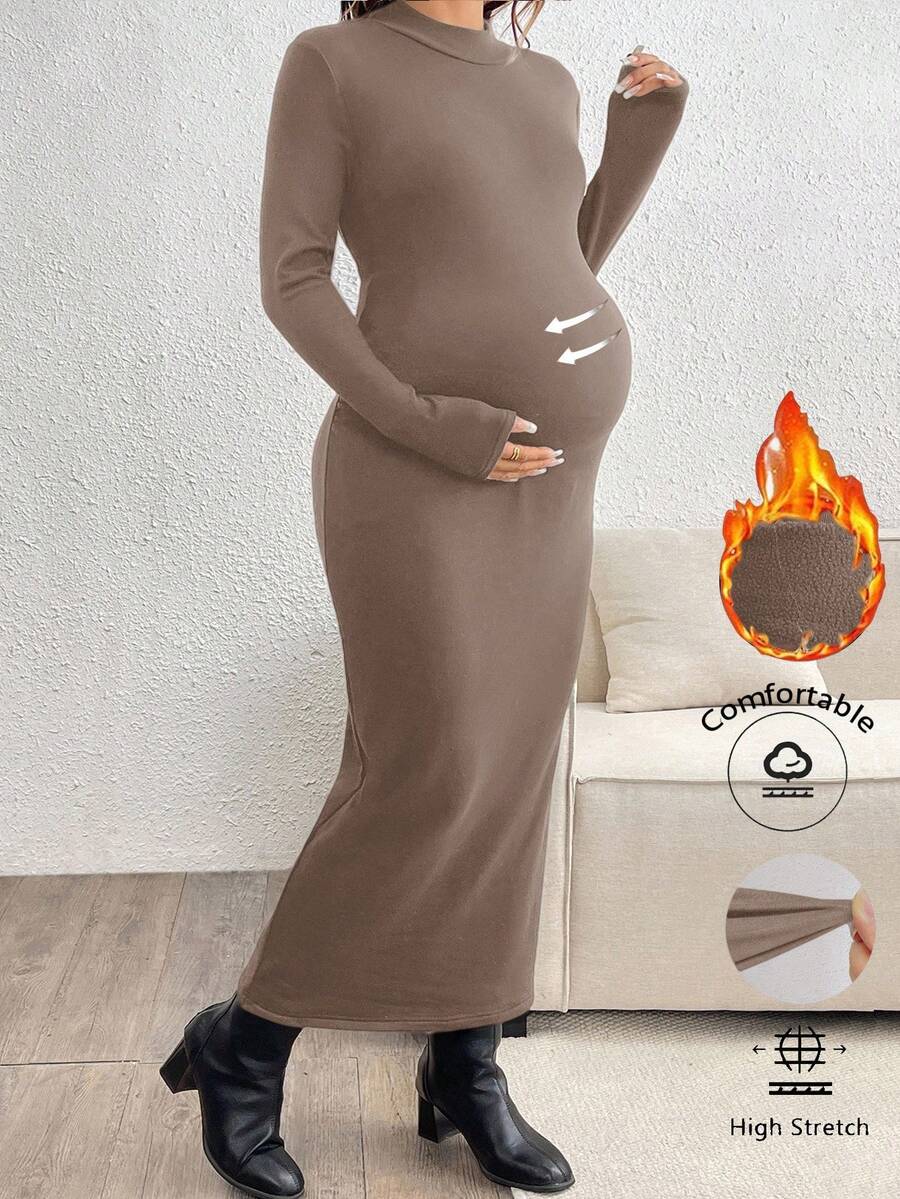 SHEIN 孕妇纯色圆领修身优雅长袖连衣裙 - 卡其色 - 查看 1