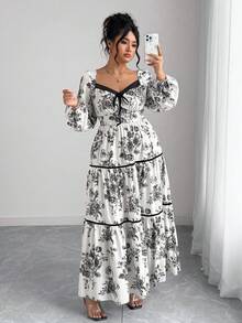 Elenzga 大码女式复古法式花卉印花连衣裙，高品质天鹅绒腰带 A 字裙，适合初秋 - 彩色 - 查看 5