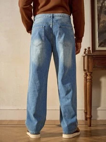 RivetRise Casual Straight-Leg Washed Blue Splatter Paint Artist Jeans, Suitable For Spring And Autumn - Blue - View 2