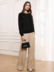 Miaspire Drop Shoulder Faux Pearls Beaded Pullover,Long Sleeve Tops - Black - View 5