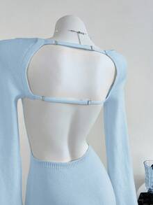 Elamini Sexy Open Back Solid Color Long Sleeve Sweater Dress - Baby Blue - View 2
