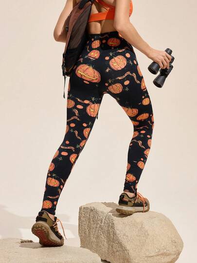 Easithlete Women's Halloween Pumpkin Print High Waist Elastic Outdoor Leggings Print Leggings Halloween Leggings Pumpkin Leggings Printed Leggings Hallowmas, All Saints' Day , Halloween Theme Leggings