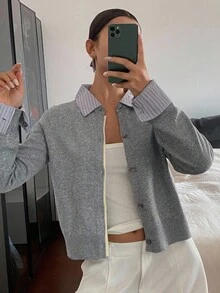 DAZY 女式撞色条纹拼布二合一休闲开衫 - 灰色 - 查看 5