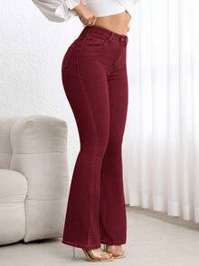 EMERY ROSE Quần jeans ống loe cạp cao giặt thường ngày cỡ lớn - Màu Đỏ Sâu - Xem 4