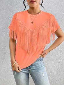 EMERY ROSE Solid Color Round Neck Tassel Decor Casual Summer Short Sleeve T-Shirt