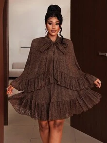 Maweii Bộ 2 món áo choàng poncho ren trơn màu thanh lịch cỡ lớn kèm chân váy - màu nâu - Xem 6