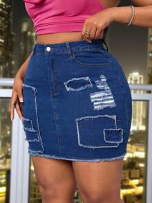 Slaydiva Plus Size Women Blue Denim Elastic Sexy Distressed Frayed Hem Fitted Mini Skirt, Summer - Blue - View 5