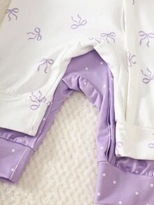 SHEIN 2pcs Newborn Baby Girl Autumn Outfit, Comfortable & Cute Bow Pattern Long Sleeve Jumpsuit Set, Suitable For Any Occasion Fall Winter - Mauve Purple - View 3