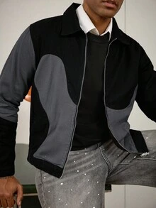 Manfinity Homme Áo khoác denim rách chắp vá màu xám và đen tương phản phong cách đường phố giản dị, mùa thu/xuân - Nhiều màu - Xem 4