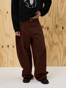 COUREZ Quần ống rộng cạp thấp dáng phồng bằng cotton với vòng kim loại phía sau / Trang phục đi chơi phong cách Y2K, quần áo mùa thu cho nữ, quần áo mùa đông cho nữ, quần ống rộng thường ngày phong cách rave. - Màu Khaki - Xem 4